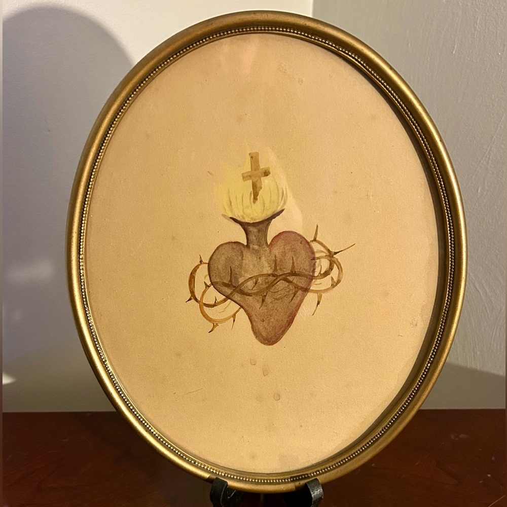Antique Gold/Gilt Framed Watercolor Painting Of The Sacred Heart Of Jesus